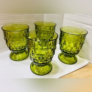 Vintage glasses, set of 4 Indiana Glass Whitehall Colony Cubist in avocado green